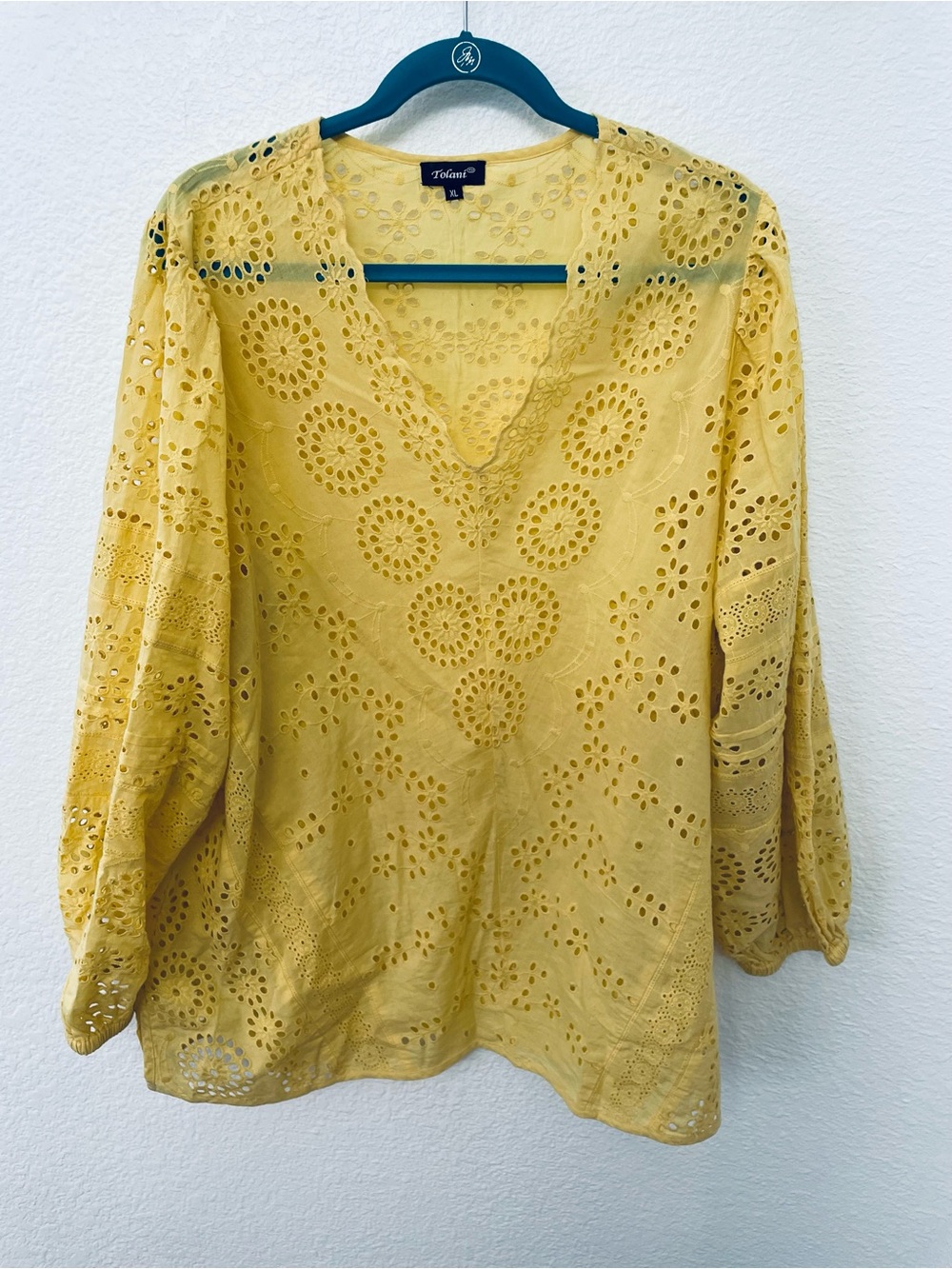Tolani Mustard Eyelet V-Neck Tunic Top